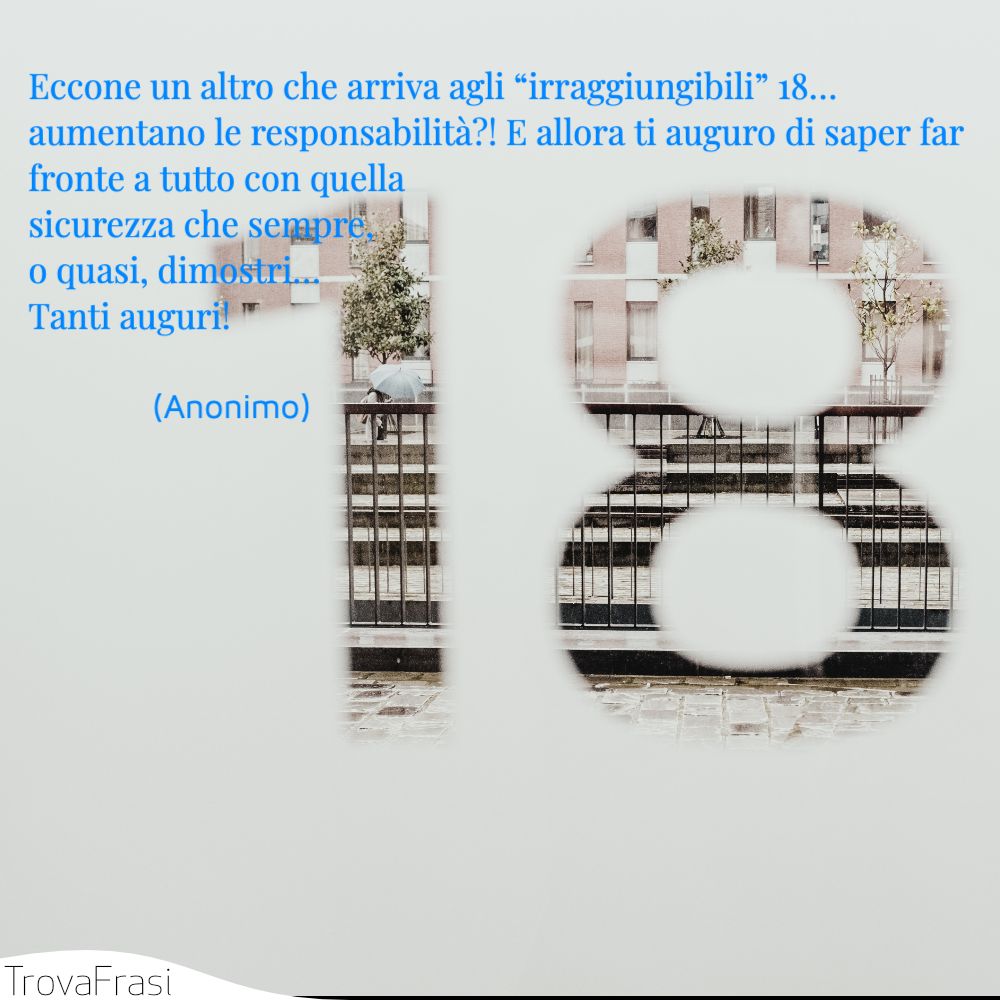 Eccone un altro che arriva agli “irraggiungibili” 18… aumentano le responsabilità?! E allora ti auguro di saper far fronte a tutto con quella sicurezza che sempre, o quasi, dimostri… Tanti auguri!