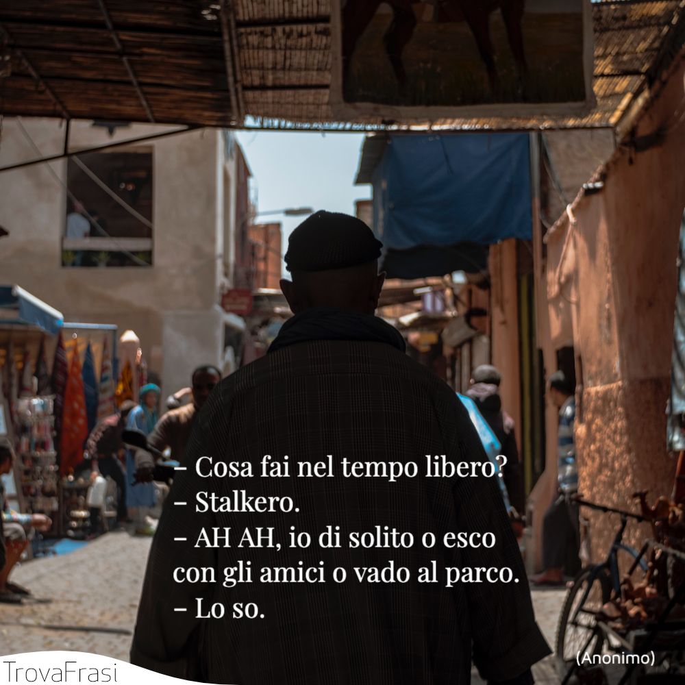 ‐ Cosa fai nel tempo libero?‐ Stalkero.‐ AH AH, io di solito o esco con gli amici o vado al parco.‐ Lo so.