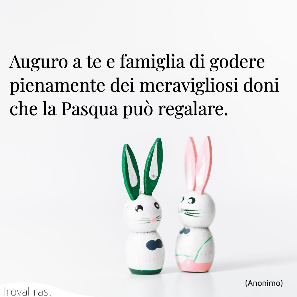 Auguro a te e famiglia di godere pienamente dei meravigliosi doni che la Pasqua può regalare.