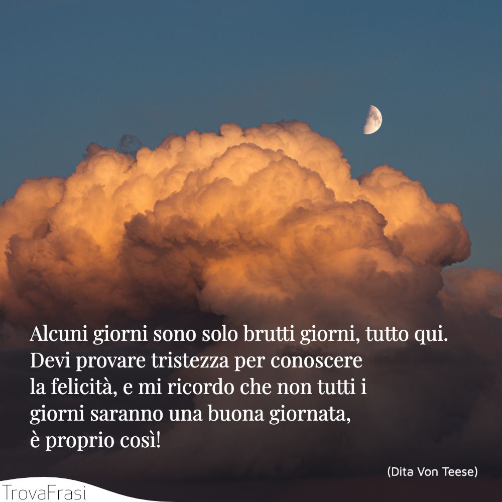 Alcuni giorni sono solo brutti giorni, tutto qui. Devi provare tristezza per conoscere la felicità, e mi ricordo che non tutti i giorni saranno una buona giornata, è proprio così!