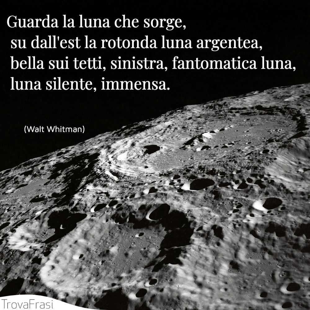 Guarda la luna che sorge,  su dall'est la rotonda luna argentea,  bella sui tetti, sinistra, fantomatica luna,  luna silente, immensa.