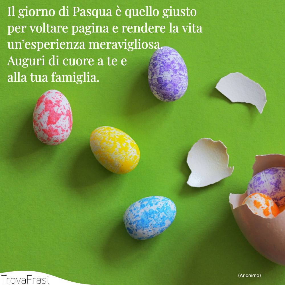 Il giorno di Pasqua è quello giusto per voltare pagina e rendere la vita un’esperienza meravigliosa. Auguri di cuore a te e alla tua famiglia.